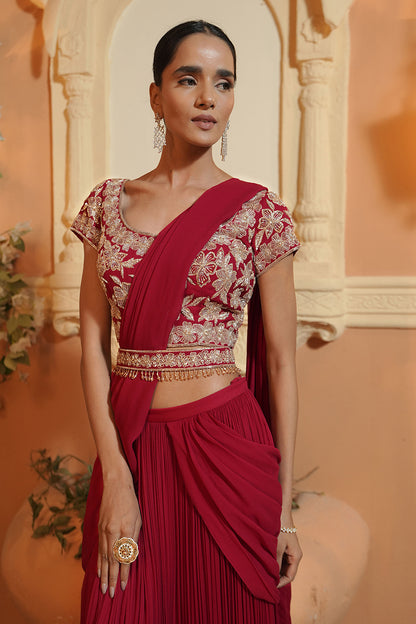 CHERRY RED DRAPE SAREE