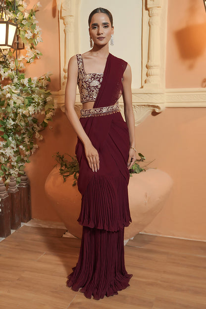 MAROON DRAPE SAREE