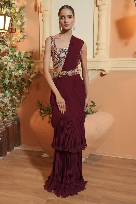 MAROON DRAPE SAREE