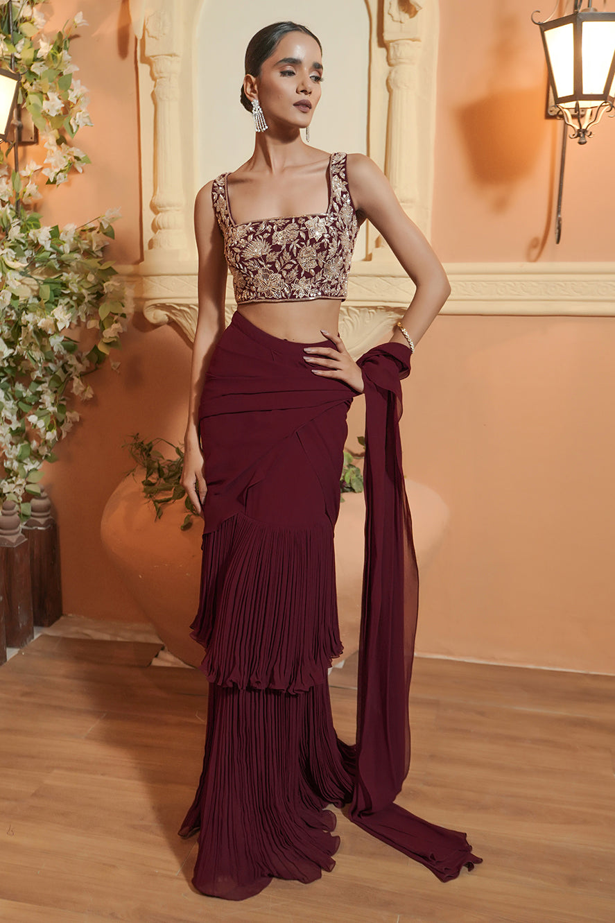 MAROON DRAPE SAREE