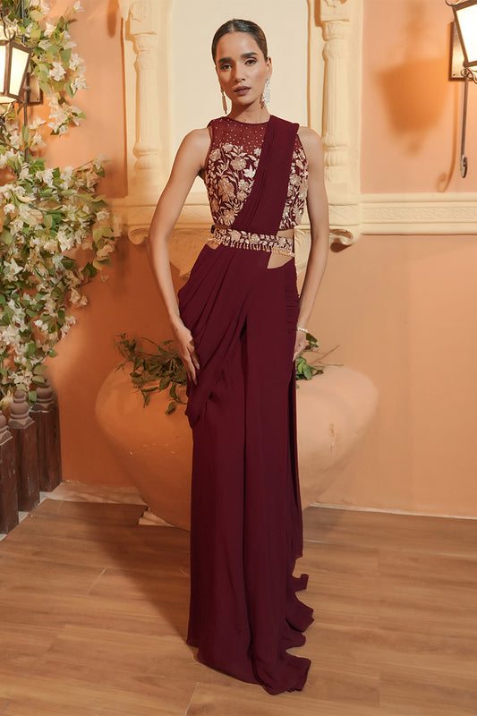 MAROON DRAPE SAREE