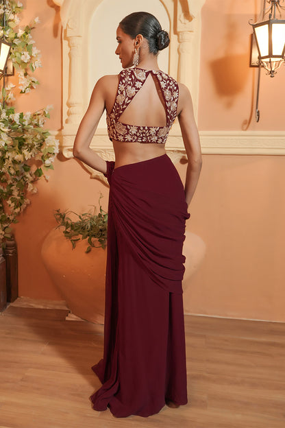 MAROON DRAPE SAREE