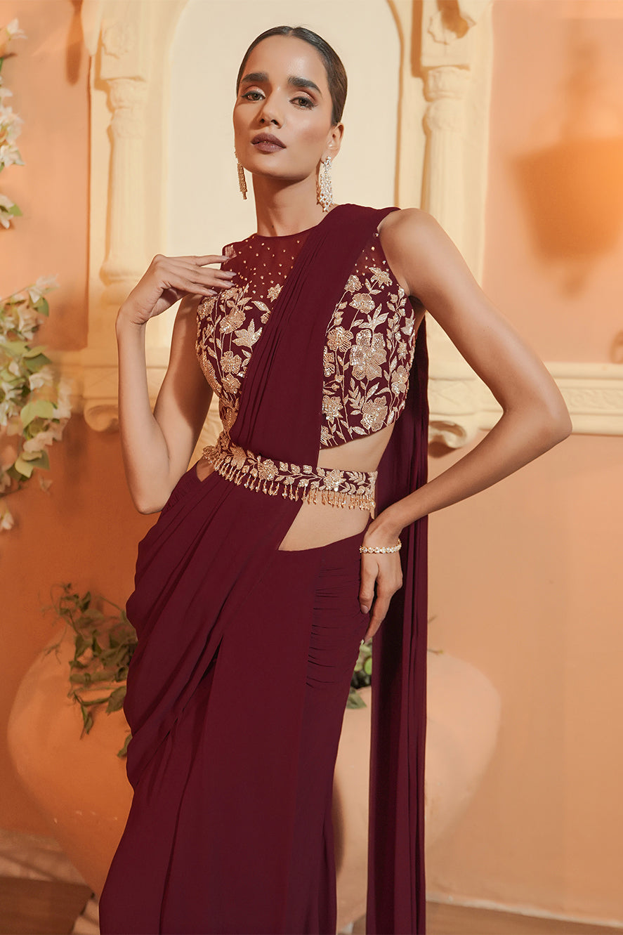 MAROON DRAPE SAREE