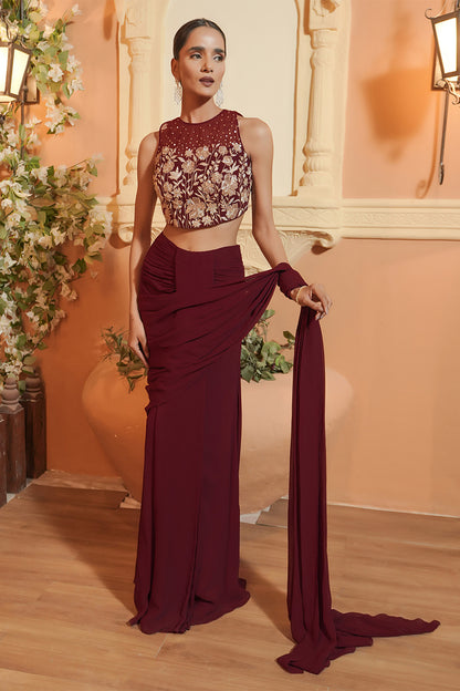 MAROON DRAPE SAREE