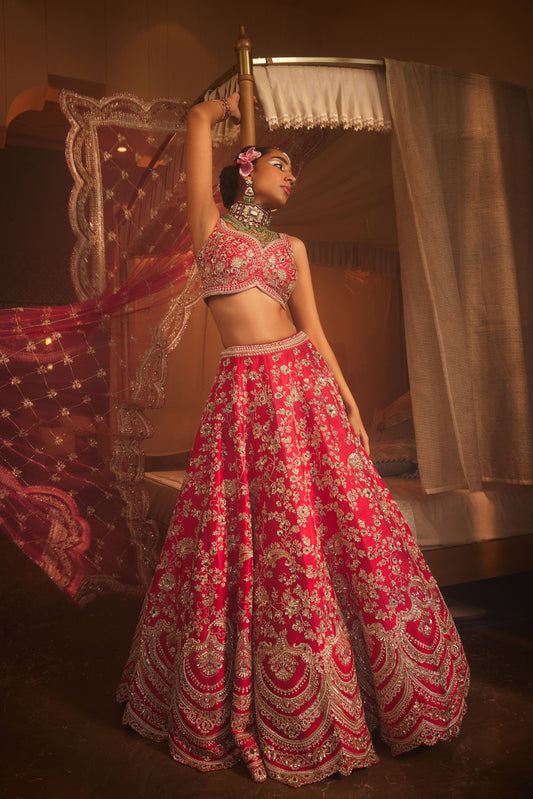 MAGNUM CHERRY RED HEAVILY EMBROIDERED LEHENGA