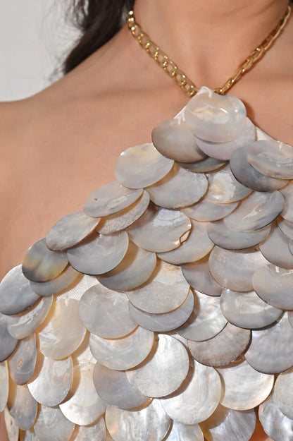 MARINA MOTHER OF PEARLS HALTER CROP TOP