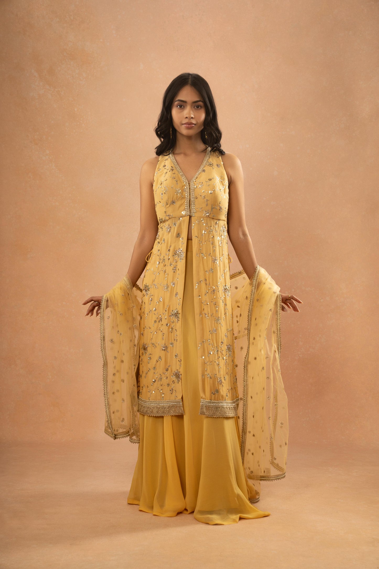 LIGHT OCHRE YELLOW EMBROIDERED LONG KURTI LEHNGA SET ( SET OF 3)