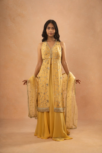 LIGHT OCHRE YELLOW EMBROIDERED LONG KURTI LEHNGA SET ( SET OF 3)
