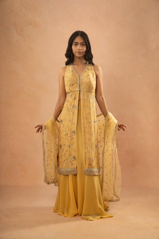 LIGHT OCHRE YELLOW EMBROIDERED LONG KURTI LEHNGA SET ( SET OF 3)