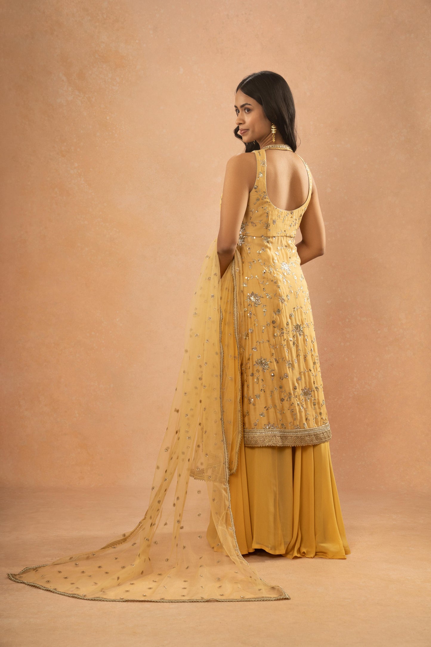 LIGHT OCHRE YELLOW EMBROIDERED LONG KURTI LEHNGA SET ( SET OF 3)