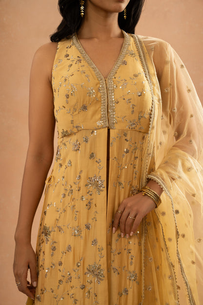 LIGHT OCHRE YELLOW EMBROIDERED LONG KURTI LEHNGA SET ( SET OF 3)