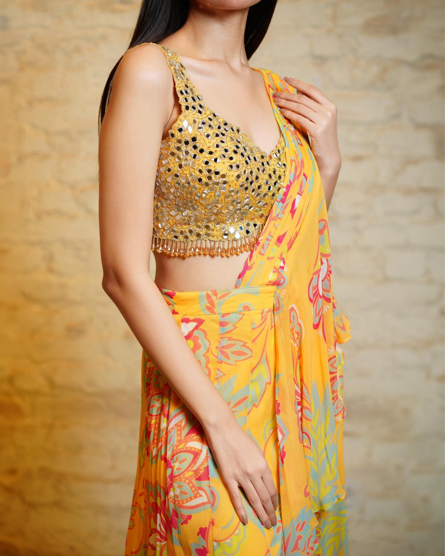 MEGAN YELLOW PRE-STITCHED PALAZZO SAREE & BLOUSE