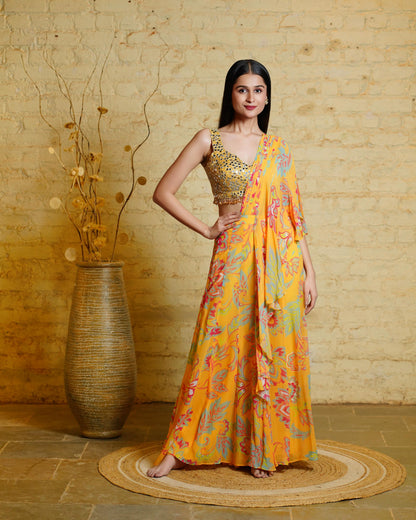 MEGAN YELLOW PRE-STITCHED PALAZZO SAREE & BLOUSE