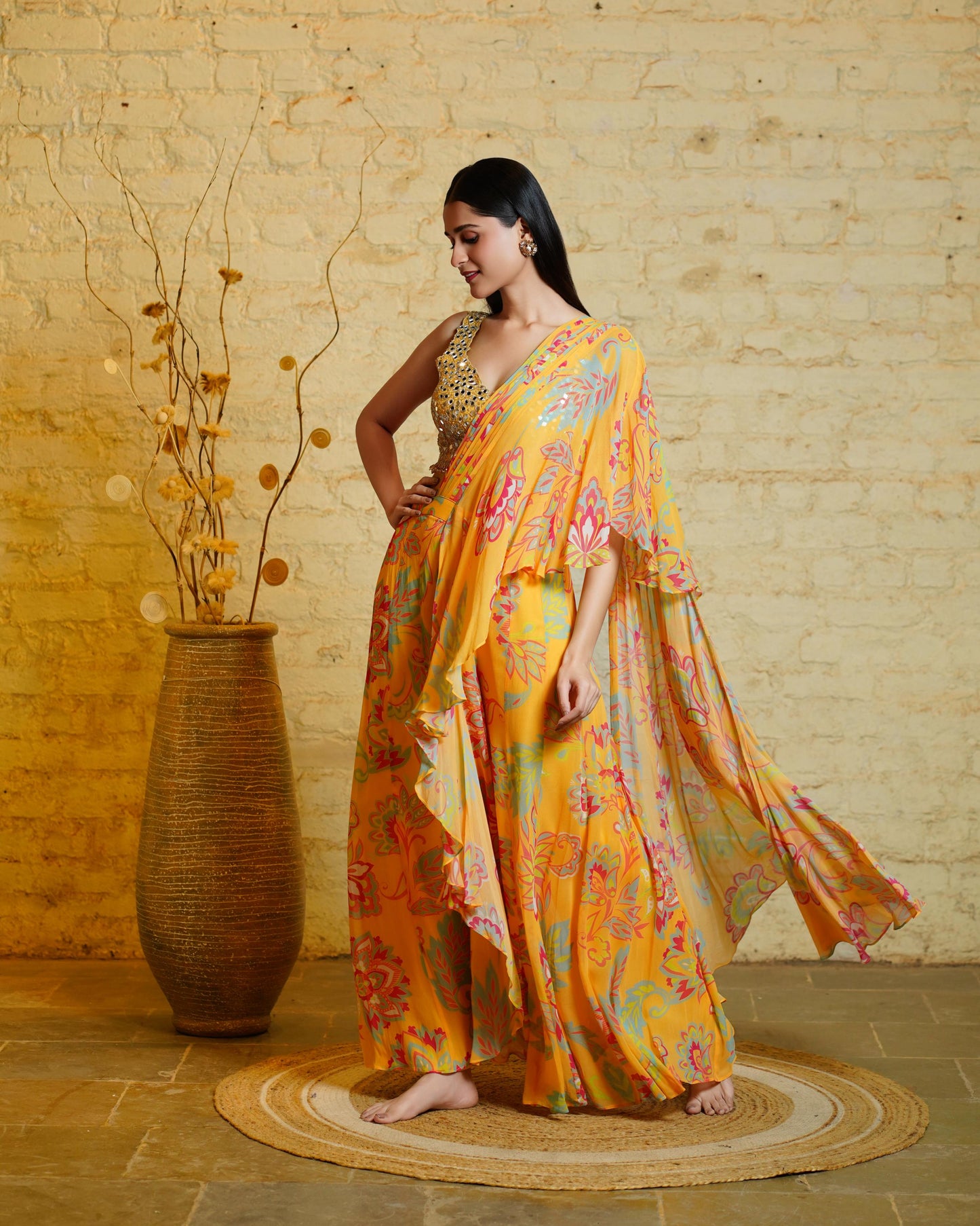 MEGAN YELLOW PRE-STITCHED PALAZZO SAREE & BLOUSE
