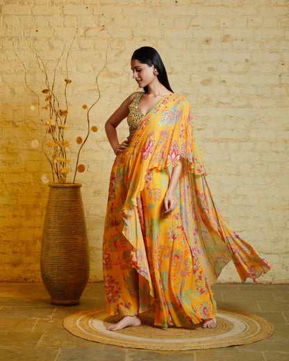 MEGAN YELLOW PRE-STITCHED PALAZZO SAREE & BLOUSE