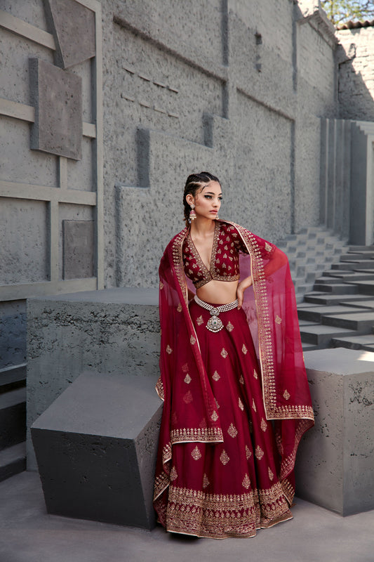 MAHOGANY WINE LEHENGA SET