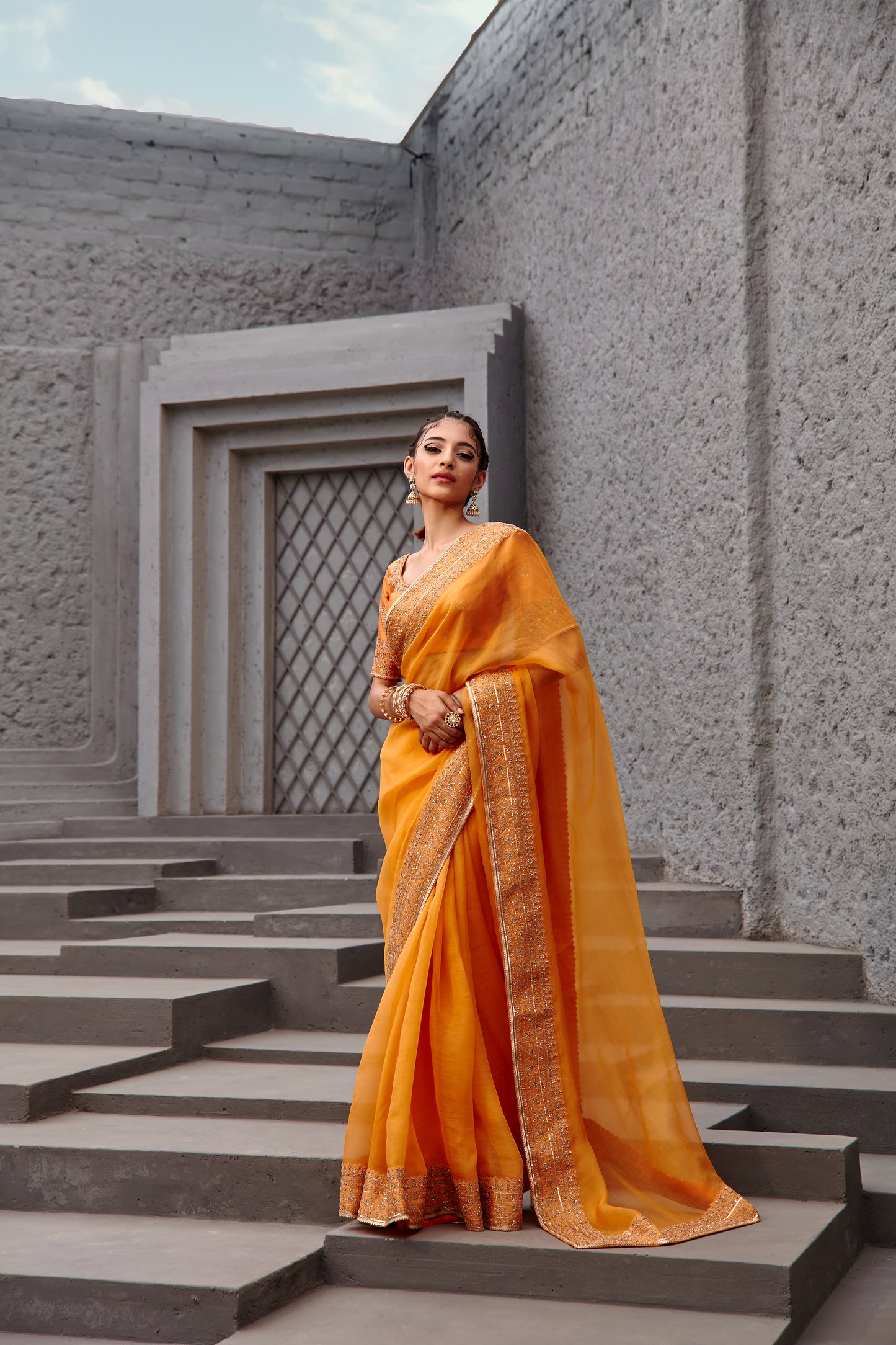 TANGERINE ORANGE SAREE SET