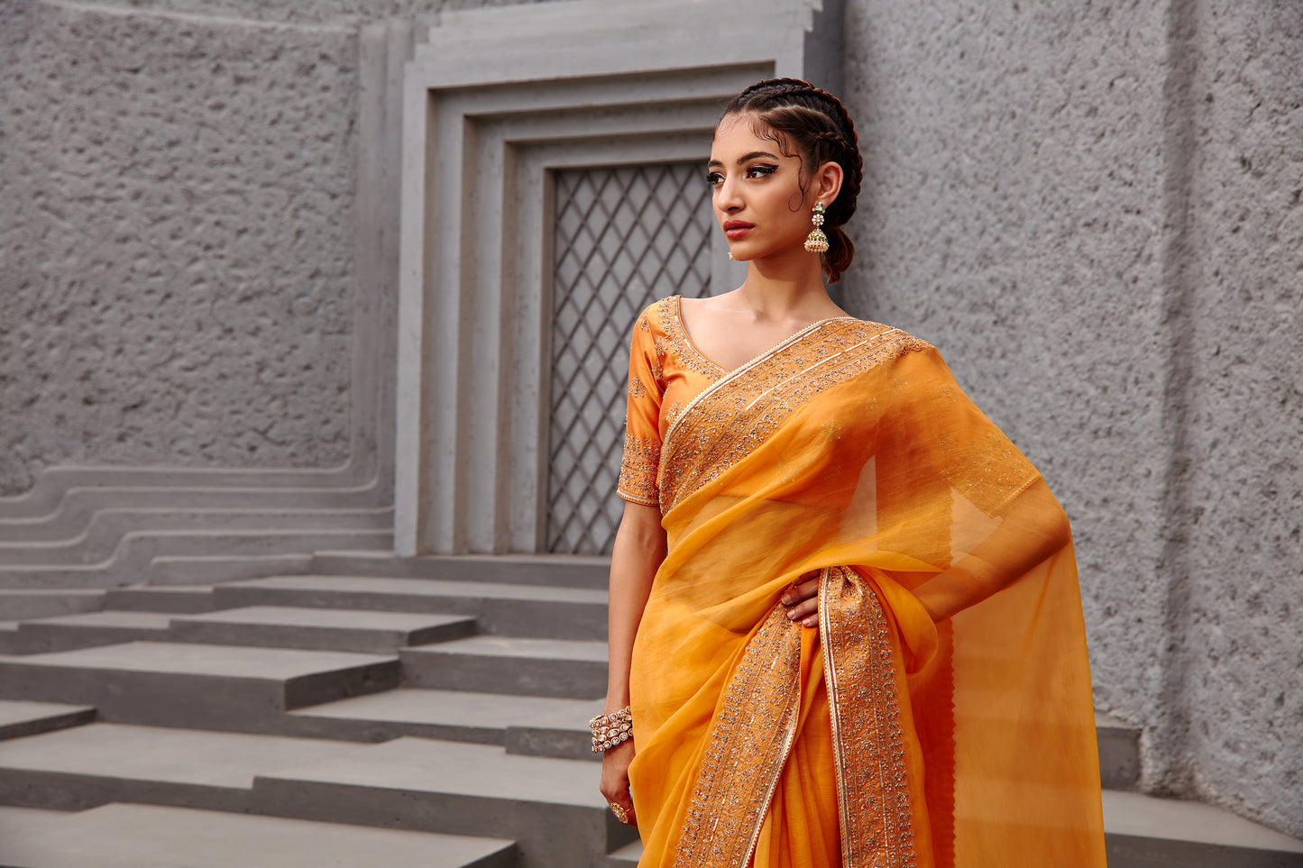 TANGERINE ORANGE SAREE SET