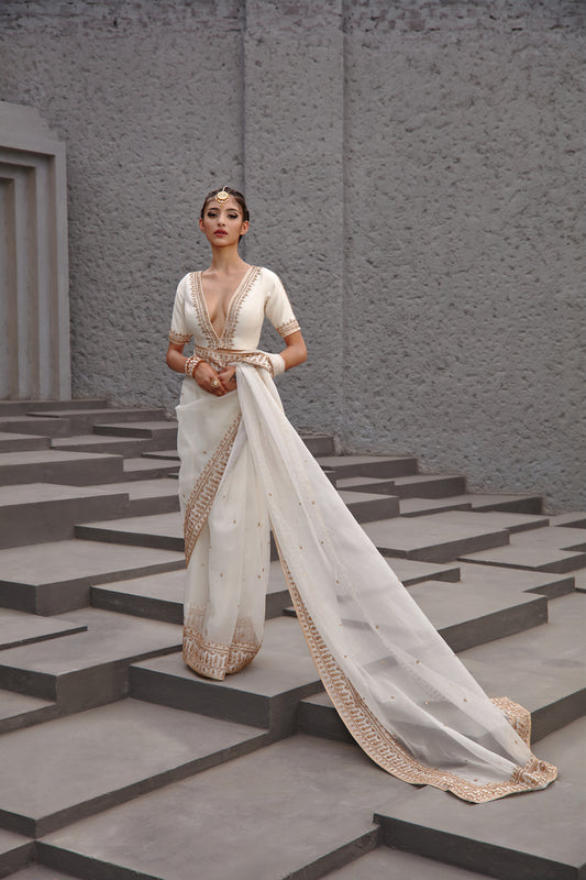 PEARL WHITE & GOLD SAREE SET