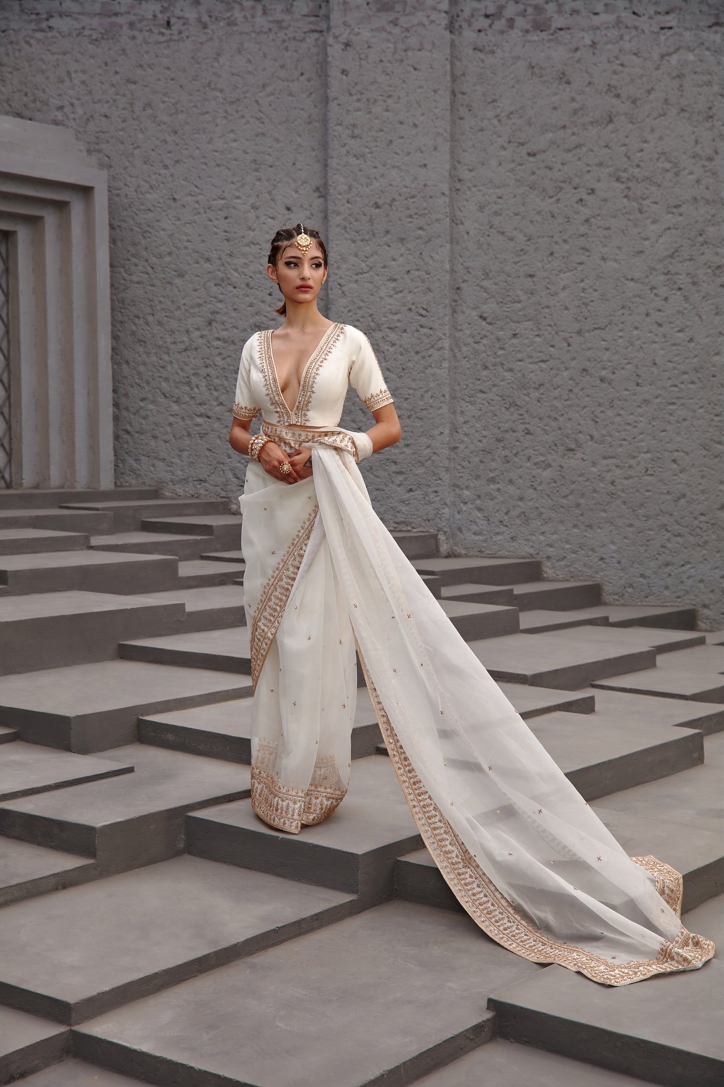 PEARL WHITE & GOLD SAREE SET