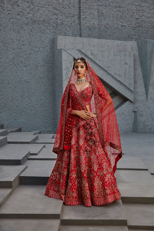 CARMINE RED DABKA FLORAL PATTERNED LEHENGA SET