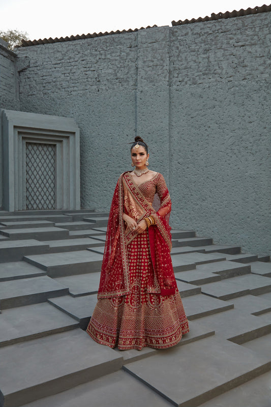 BARN RED DABKA EMBROIDERED LEHENGA SET