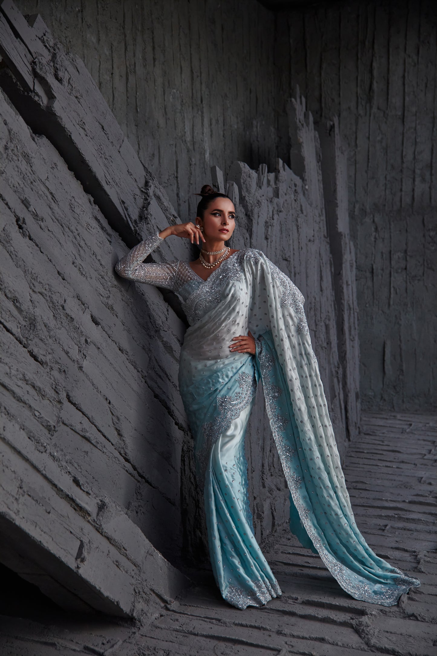 ICE BLUE OMBRE SAREE SET