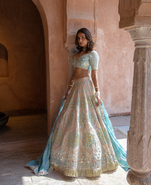 EVENING GREY GEOMETRIC PATTERN LEHENGA WITH CHIFFON DUPPATA