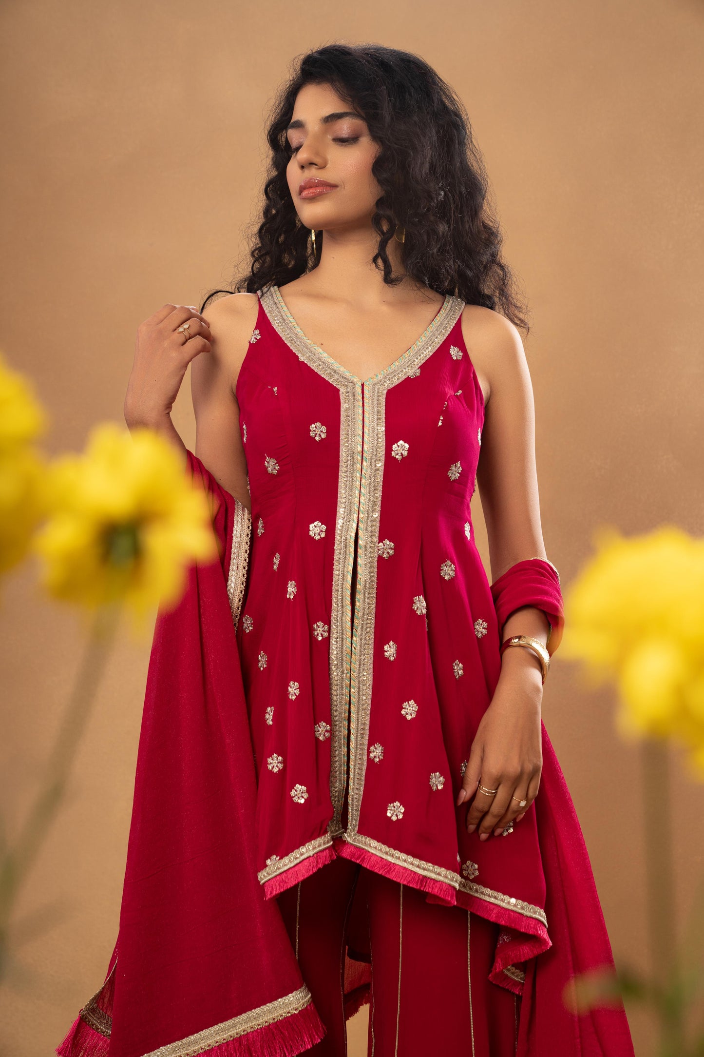 PINK ASSYMETRICAL KURTI SHARARA SET (SET OF 3)