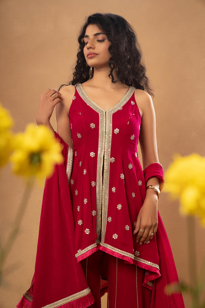 PINK ASSYMETRICAL KURTI SHARARA SET (SET OF 3)