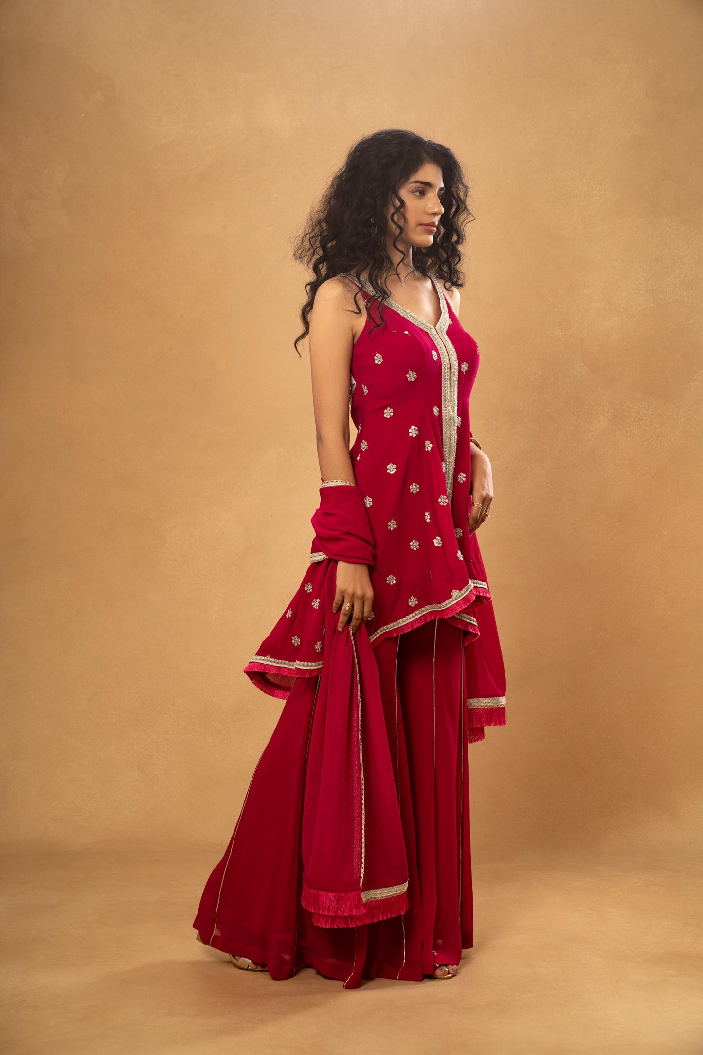 PINK ASSYMETRICAL KURTI SHARARA SET (SET OF 3)
