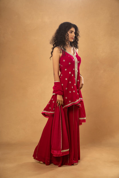 PINK ASSYMETRICAL KURTI SHARARA SET (SET OF 3)