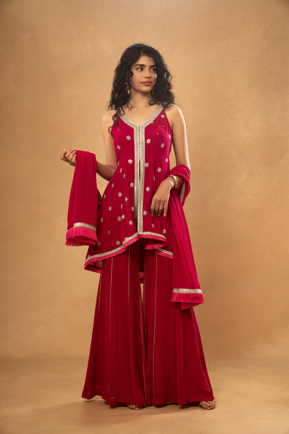 PINK ASSYMETRICAL KURTI SHARARA SET (SET OF 3)