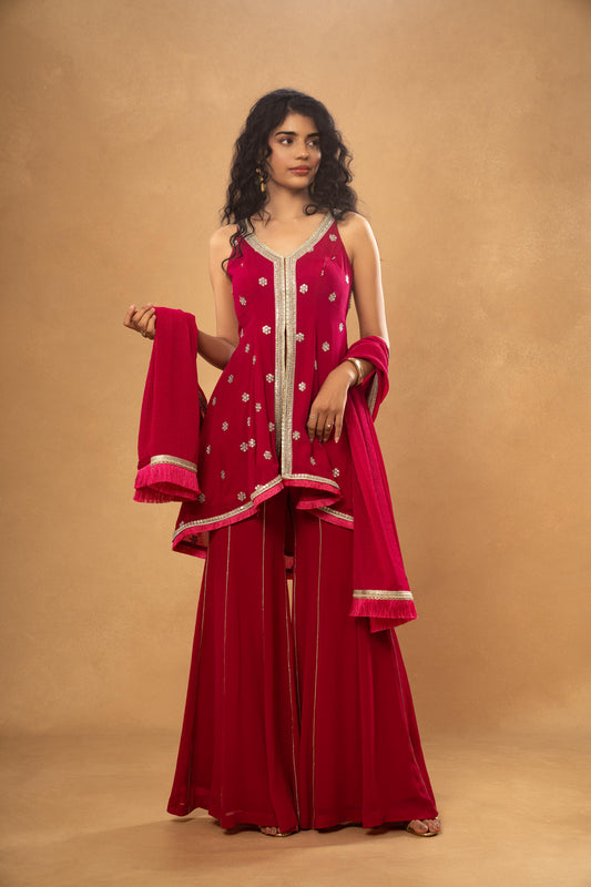PINK ASSYMETRICAL KURTI SHARARA SET (SET OF 3)