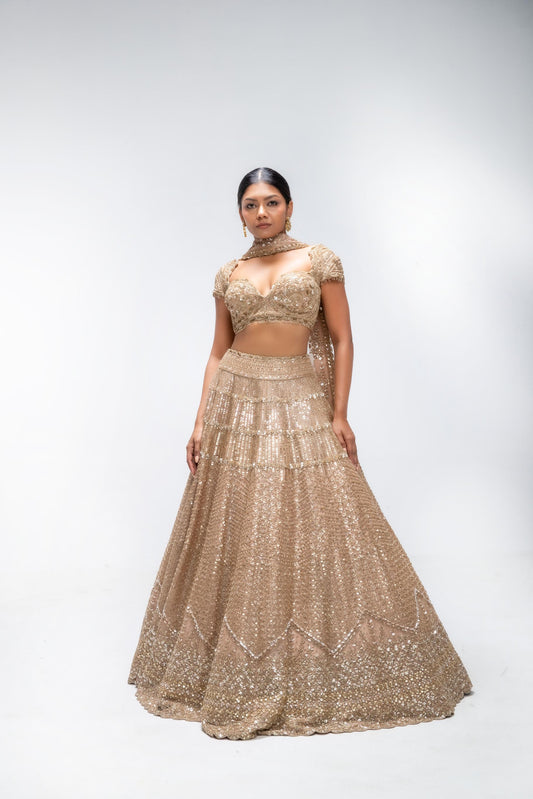 GOLDEN MIRAGE CREST LEHENGA