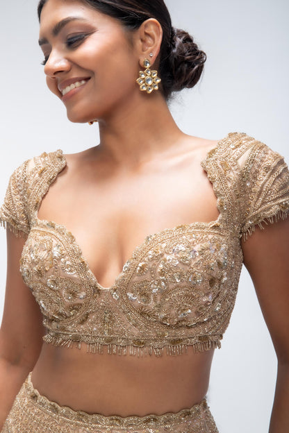 GOLDEN MIRAGE CREST LEHENGA