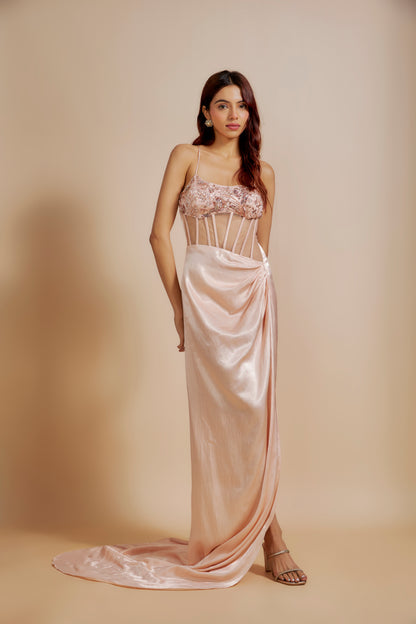 PEACH EMBROIDERED DRAPE CORSET DRESS