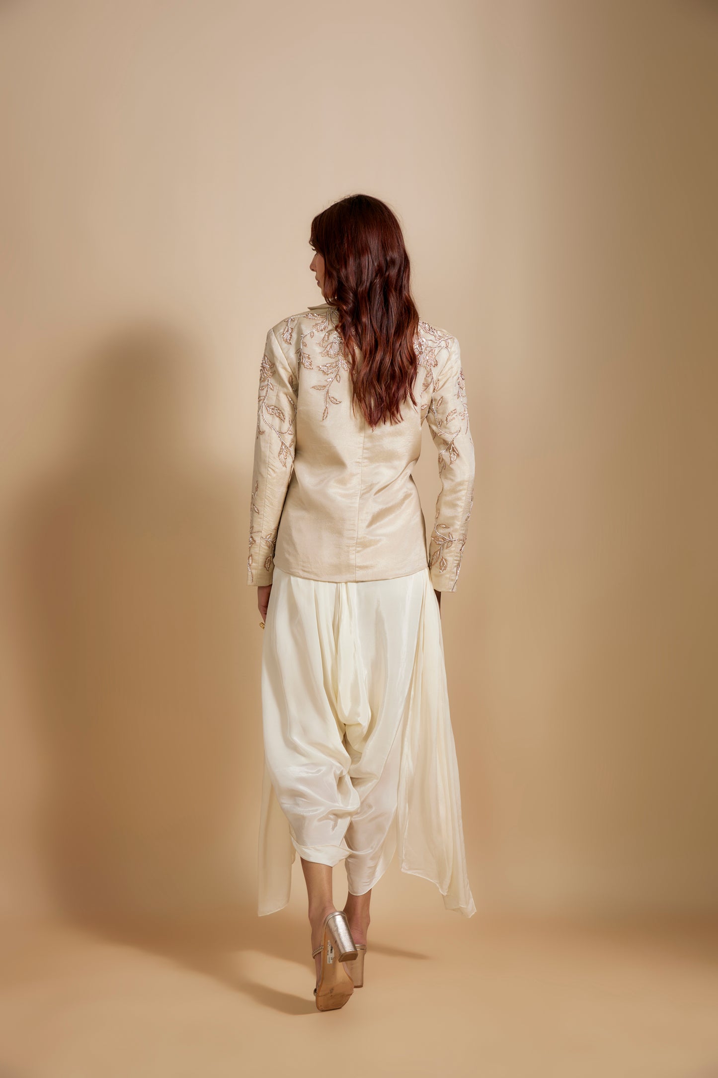 BEIGE TISSUE JACKET WITH CREAM DHOTI