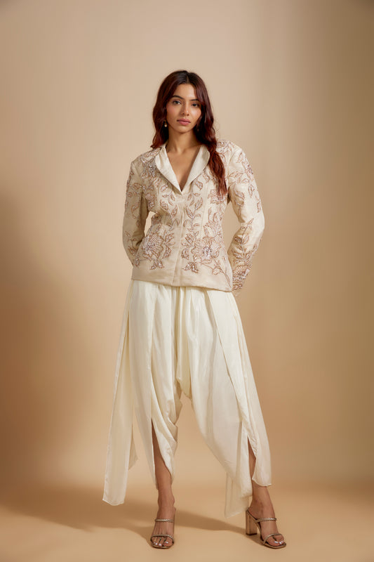 BEIGE TISSUE JACKET WITH CREAM DHOTI