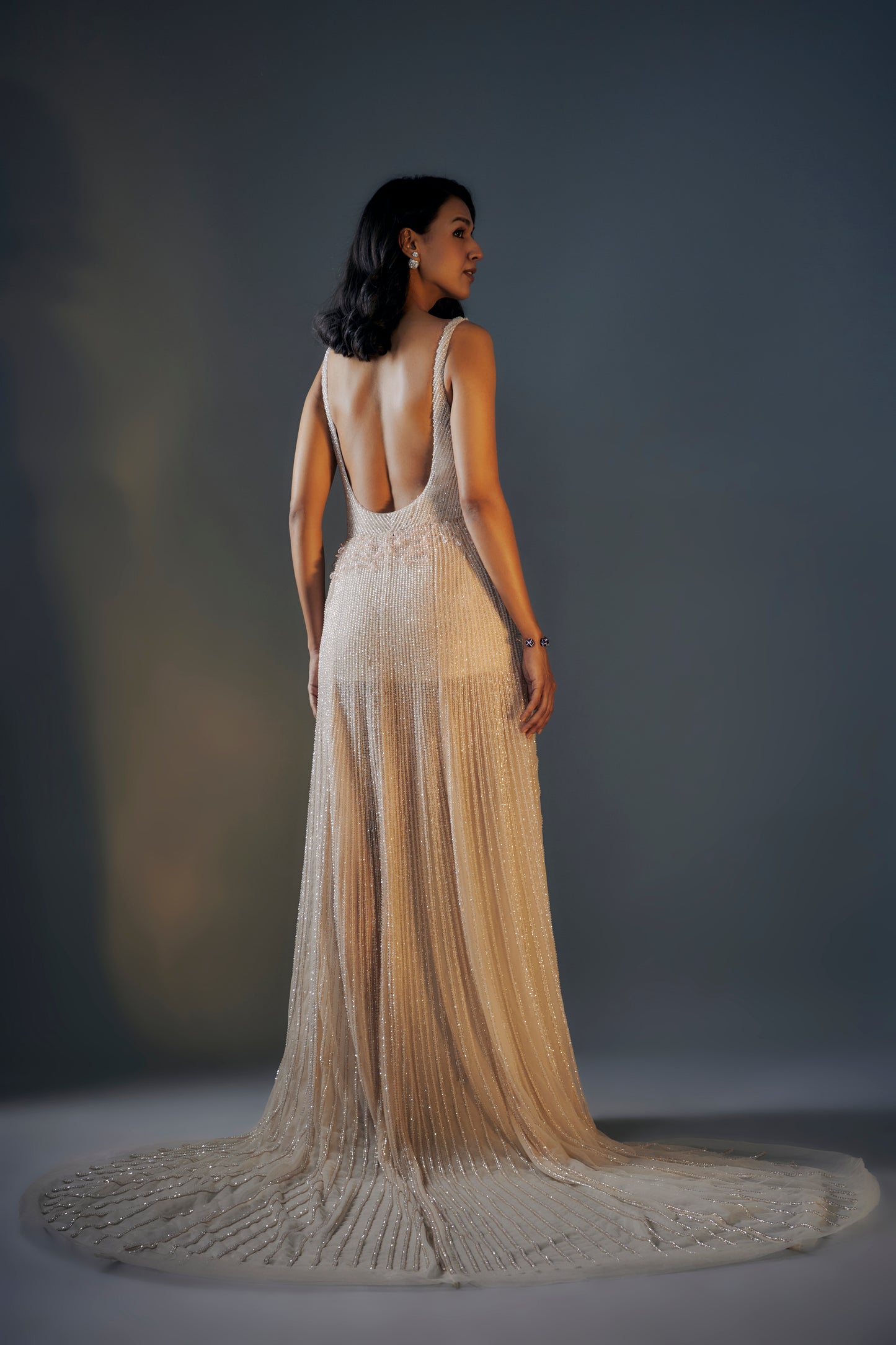 BEIGE EMBROIDERED TRAIL GOWN WITH SLIT