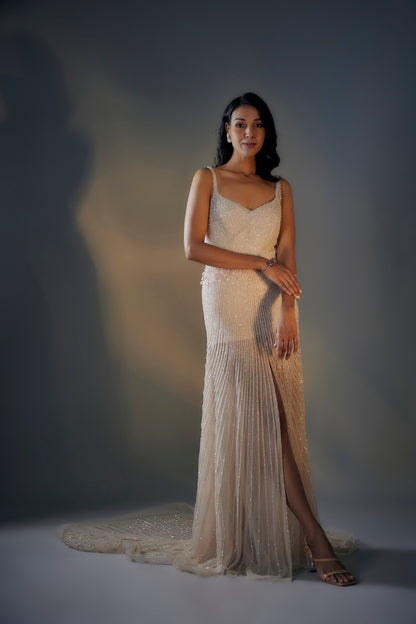 BEIGE EMBROIDERED TRAIL GOWN WITH SLIT