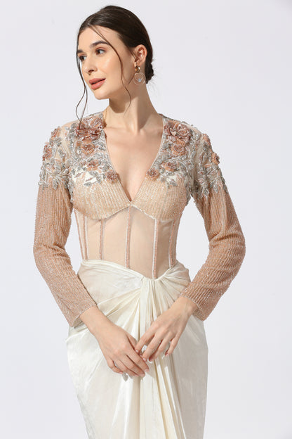 WHITE CORSET 3D EMBROIDERED GOWN