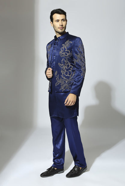 NAVY BLUE EMBROIDERED BANDHGALA SET