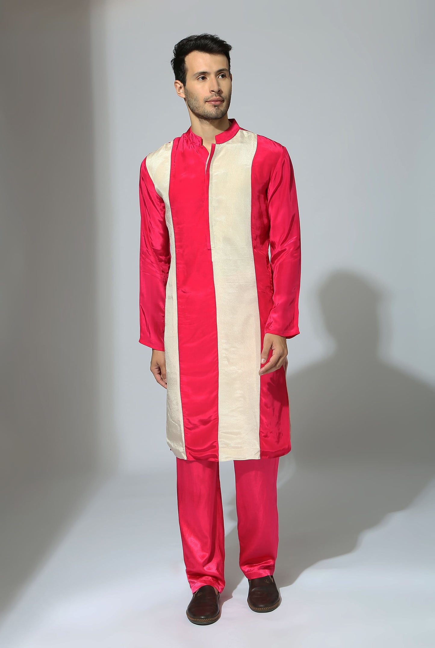 HOT PINK AND BEIGE COLOUR BLOCK KURTA