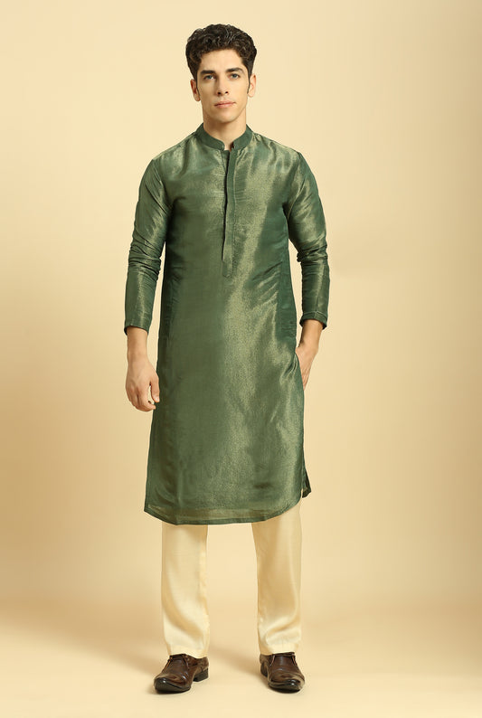 GREEN TISSUE KURTA WITH CREAM SILK PANT WITH GREEN COLOUR BLOCK DUPATTA