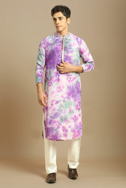 PURPLE EMBROIDERED TIE-DYE KURTA WITH WHITE SILK PANT