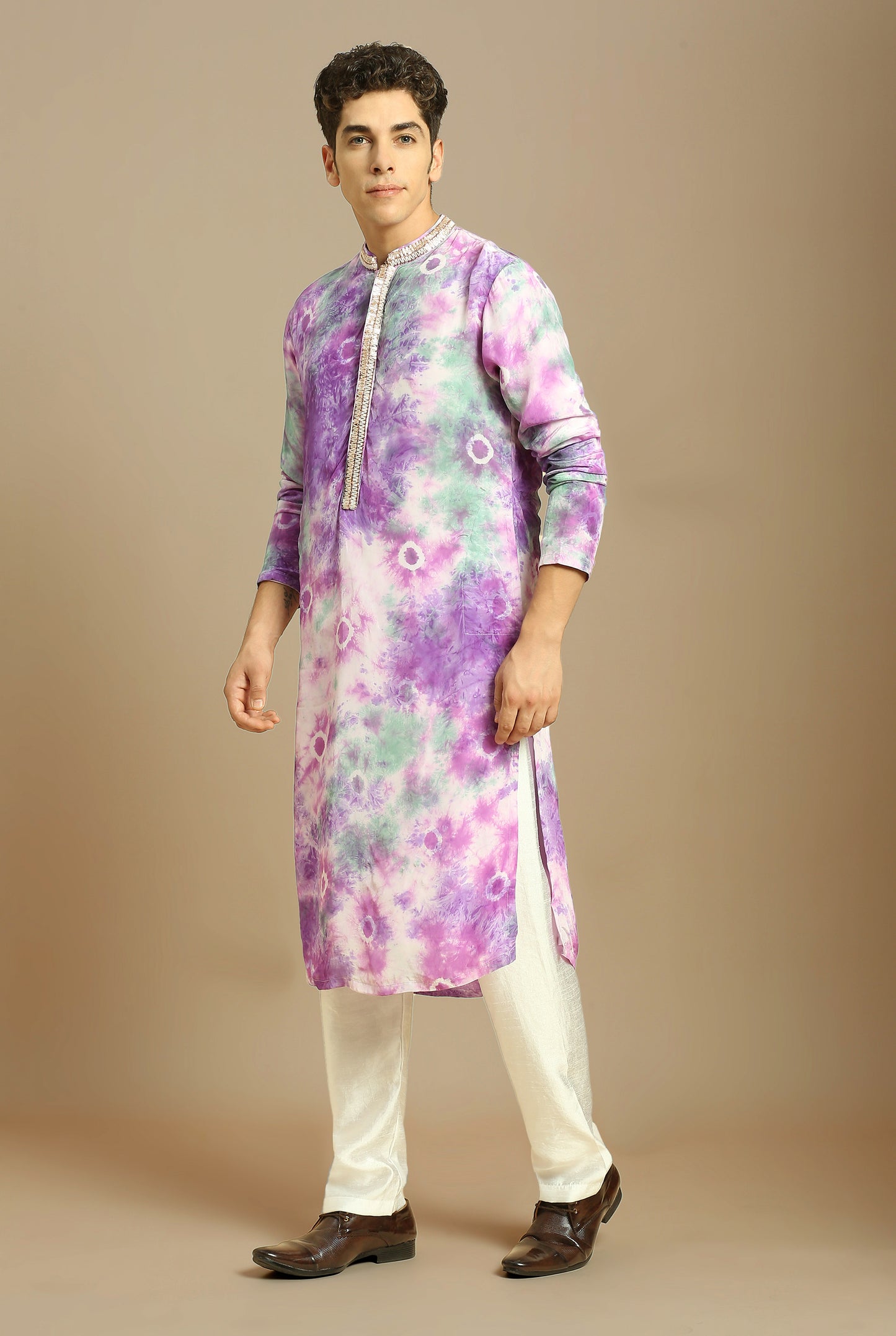 PURPLE EMBROIDERED TIE-DYE KURTA WITH WHITE SILK PANT