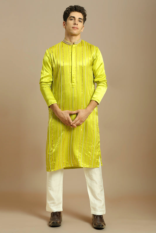 NEON GREEN EMBROIDERED KURTA WITH WHITE PANT