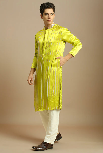 NEON GREEN EMBROIDERED KURTA WITH WHITE PANT