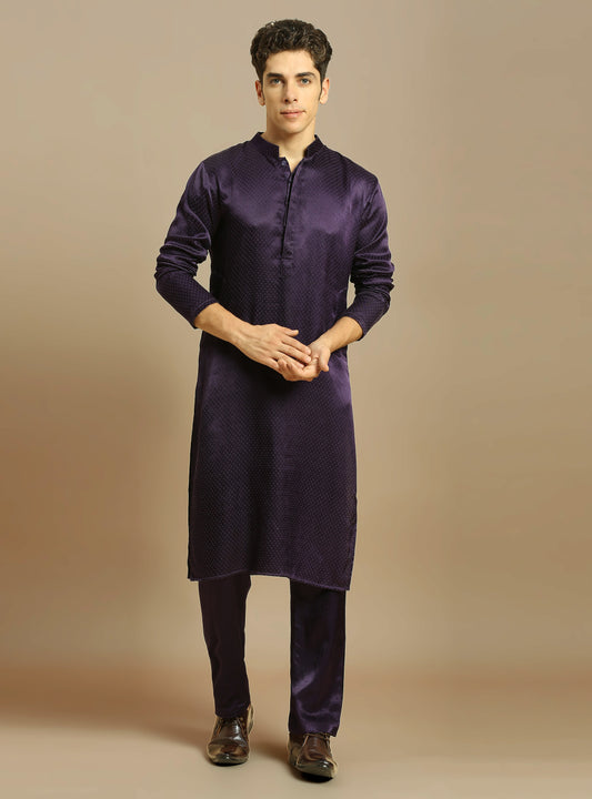 DEEP PURPLE KURTA WITH PANT WITH TISSUE EMBROIDERED DUPATTA